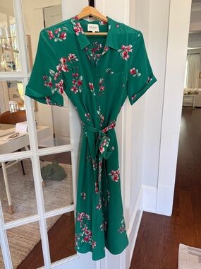 Sezane Silk Emerald Green Floral Tie-Waist Midi Shirt Dress | Size 40 (M)